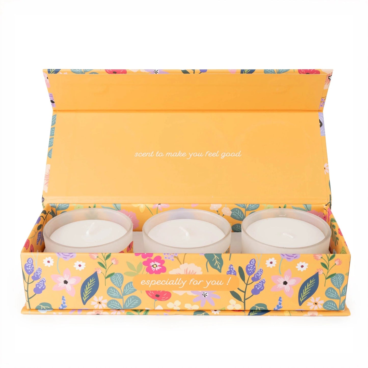 Set of 3 Candle Gift Set Happy Birthday - Floral Ochre