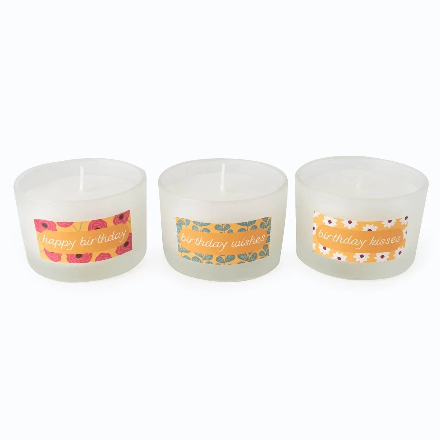 Set of 3 Candle Gift Set Happy Birthday - Floral Ochre