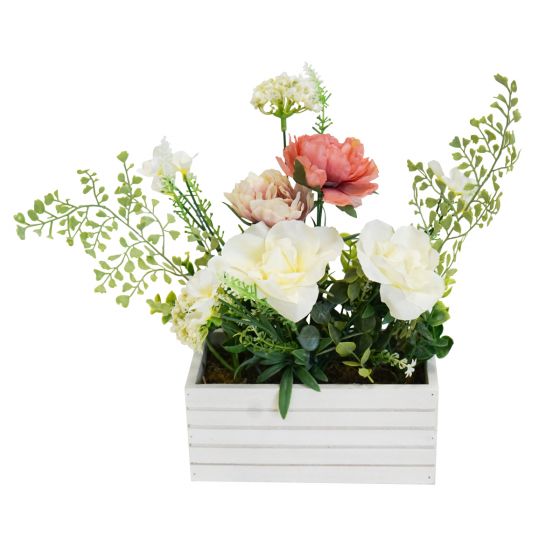 Artificial Peony, Camelia & Lavender arrangement in white wooden box