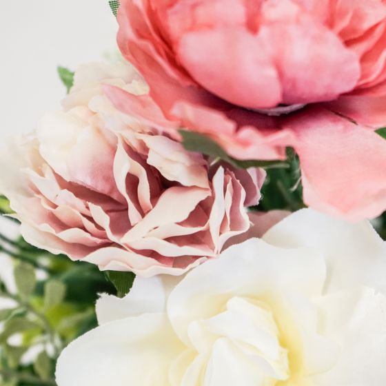 Artificial Peony, Camelia & Lavender arrangement in white wooden box